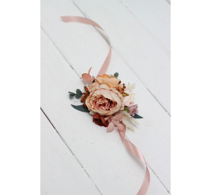 Wedding Boutonnieres & Wrist Corsage in Orange & Blush Pink | Faux Flower Accessories