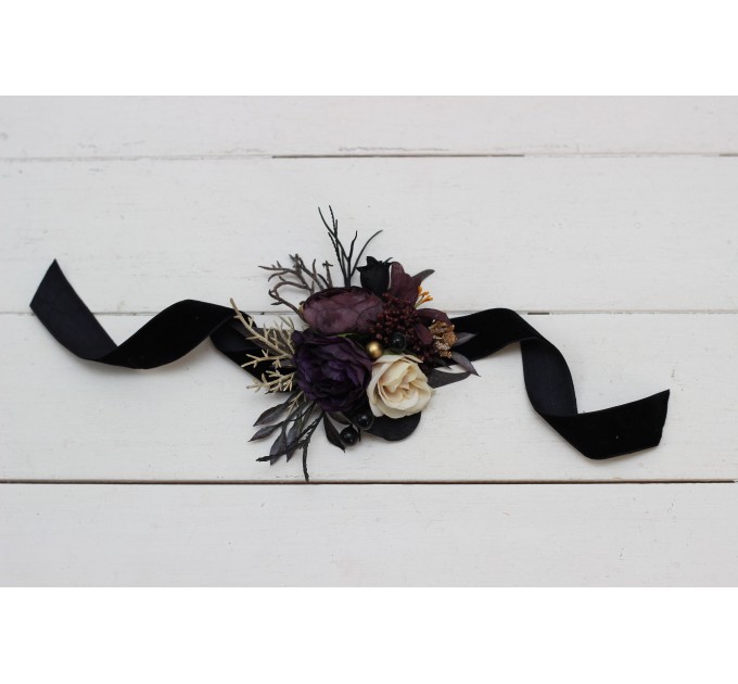 Wedding Boutonnieres & Wrist Corsage in Purple, Black, Gold & Beige | Faux Flower Accessories