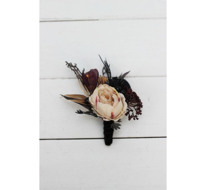 Wedding Boutonnieres & Wrist Corsage in Purple, Black, Gold & Beige | Faux Flower Accessories