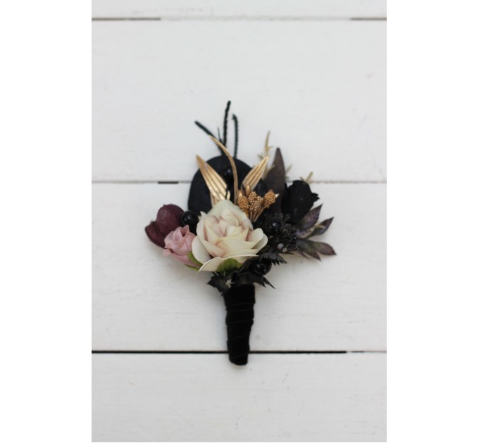 Wedding Boutonnieres & Wrist Corsage in Purple, Black, Gold & Beige | Faux Flower Accessories