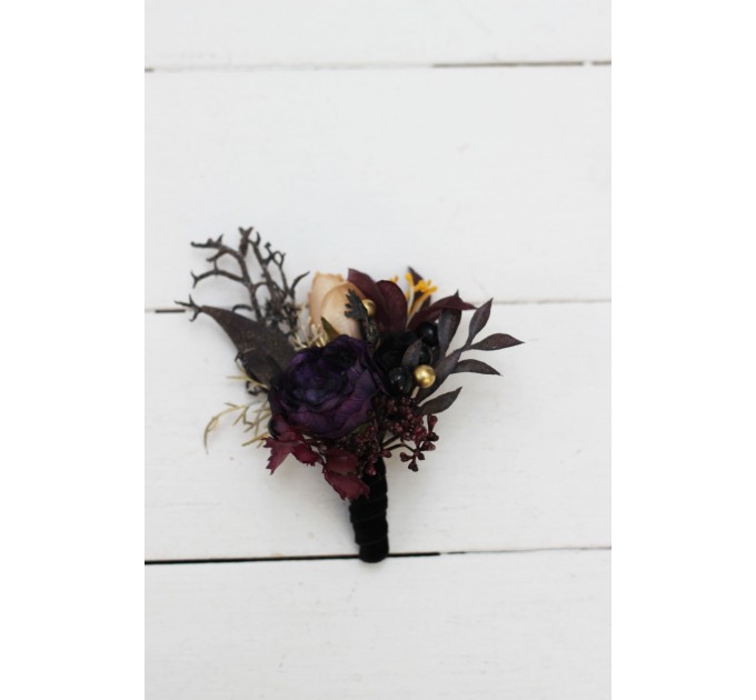 Wedding Boutonnieres & Wrist Corsage in Purple, Black, Gold & Beige | Faux Flower Accessories