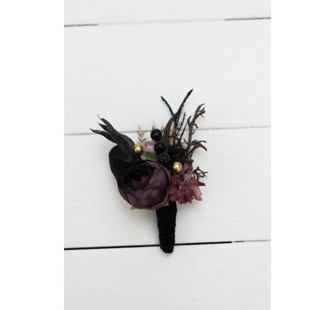 Wedding Boutonnieres & Wrist Corsage in Purple, Black, Gold & Beige | Faux Flower Accessories