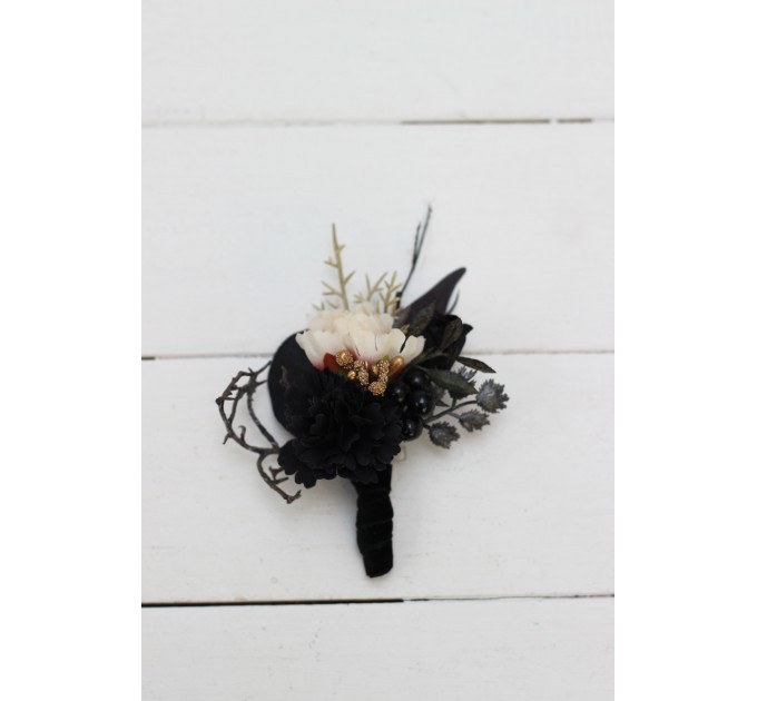 Wedding Boutonnieres & Wrist Corsage in Purple, Black, Gold & Beige | Faux Flower Accessories
