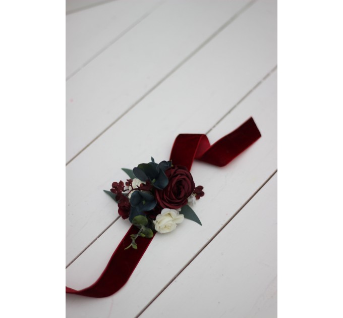 Wedding Boutonniere & Wrist Corsage in Burgundy, Navy Blue & White | Faux Flower Accessories