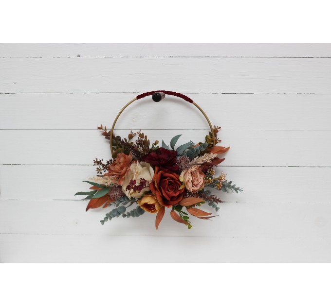 Flower hoop in burgundy burnt orange rust peach colors. Alternative bridesmaid bouquet. 0502