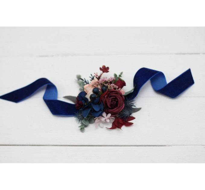 Wedding Boutonniers & Wrist Corsage in Burgundy, Navy Blue & Blush Pink | Faux Flower Accessories