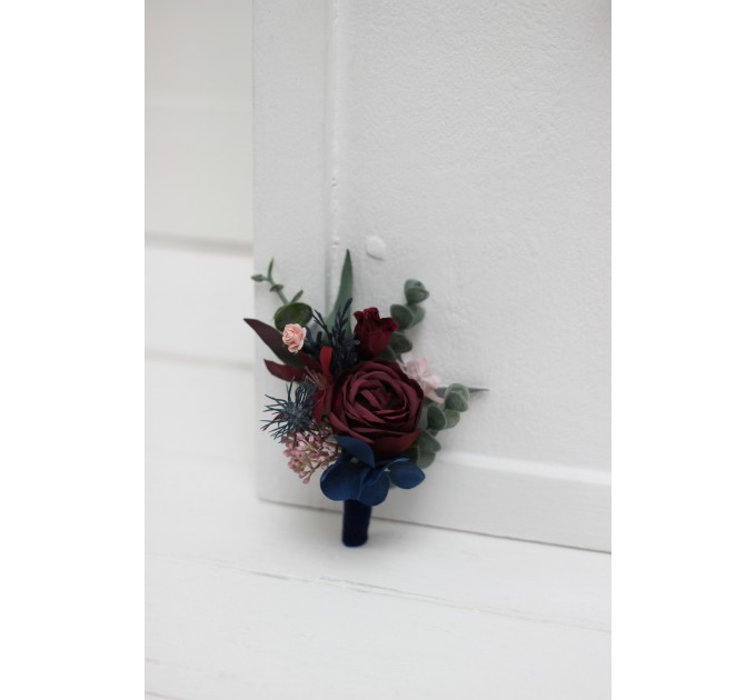 Wedding Boutonniers & Wrist Corsage in Burgundy, Navy Blue & Blush Pink | Faux Flower Accessories