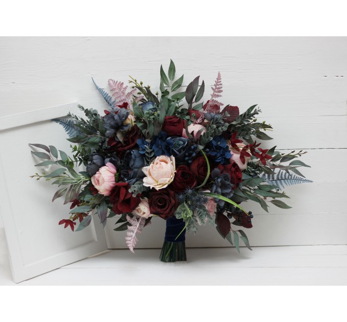 Wedding Bouquets in Burgundy, Navy Blue & Blush Pink | Cascading Bridal & Bridesmaid Faux Bouquets