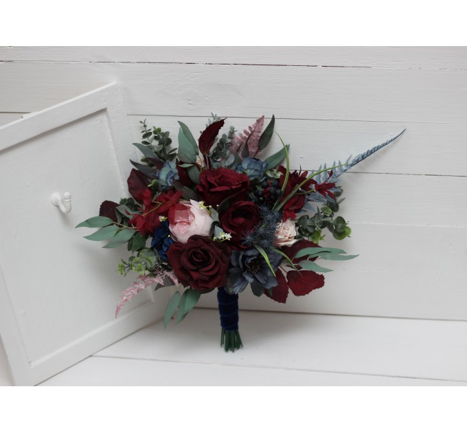 Wedding Bouquets in Burgundy, Navy Blue & Blush Pink | Cascading Bridal & Bridesmaid Faux Bouquets