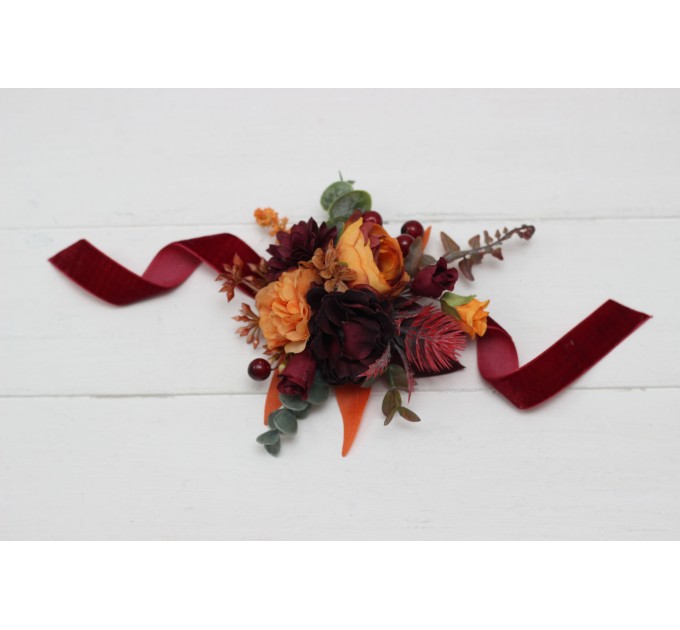 Wedding Boutonnieres & Wrist Corsage in Rust, Burgundy, Cinnamon & Orange | Faux Flower Accessories