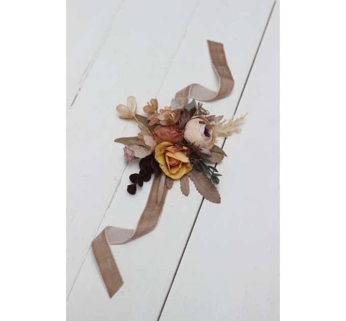 Wedding Boutonnieres & Wrist Corsage in Cinnamon, Ivory & Pale Orange | Faux Flower Accessories