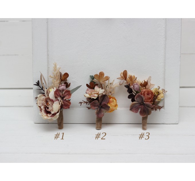 Wedding Boutonnieres & Wrist Corsage in Cinnamon, Ivory & Pale Orange | Faux Flower Accessories
