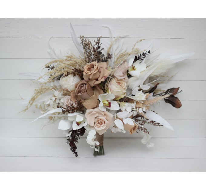 Wedding Bouquets in Beige, White & Brown | Cascading Orchid Bridal & Bridesmaid Faux Bouquets