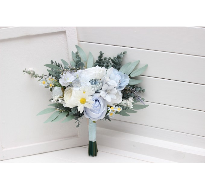 Wedding Bouquets in White & Sky Blue | Wildflower Cascading Faux Bridal & Bridesmaid Bouquets