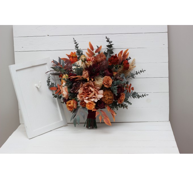 Wedding bouquets in burgundy burnt orange rust peach color theme. Bridal bouquet. Faux bouquet. Bridesmaid bouquet.Cascading bouquet. 0502