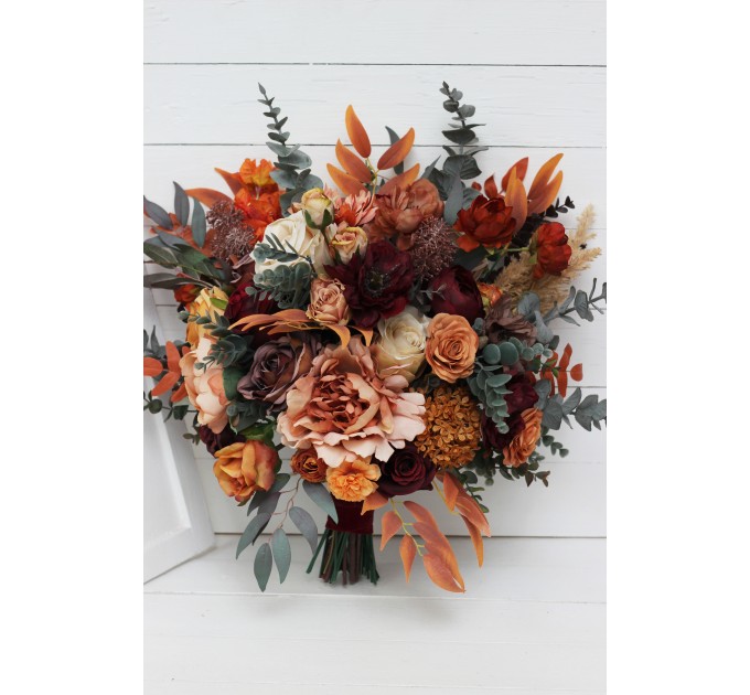 Wedding bouquets in burgundy burnt orange rust peach color theme. Bridal bouquet. Faux bouquet. Bridesmaid bouquet.Cascading bouquet. 0502