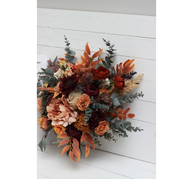 Wedding bouquets in burgundy burnt orange rust peach color theme. Bridal bouquet. Faux bouquet. Bridesmaid bouquet.Cascading bouquet. 0502