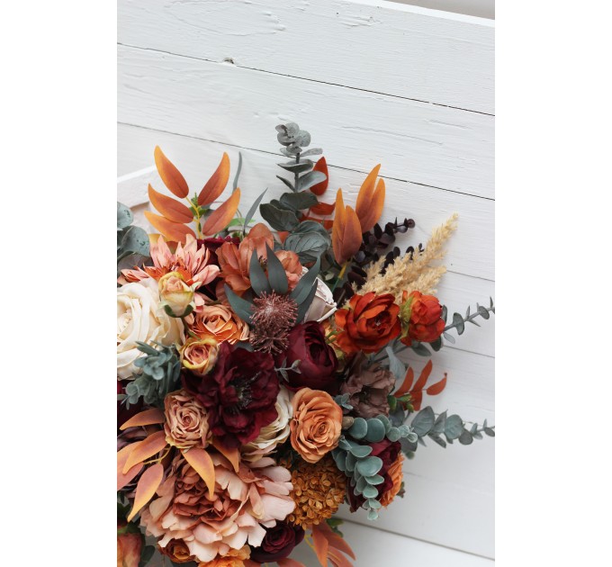 Wedding bouquets in burgundy burnt orange rust peach color theme. Bridal bouquet. Faux bouquet. Bridesmaid bouquet.Cascading bouquet. 0502
