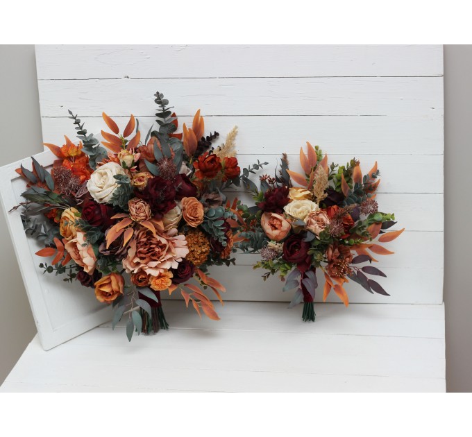 Wedding bouquets in burgundy burnt orange rust peach color theme. Bridal bouquet. Faux bouquet. Bridesmaid bouquet.Cascading bouquet. 0502