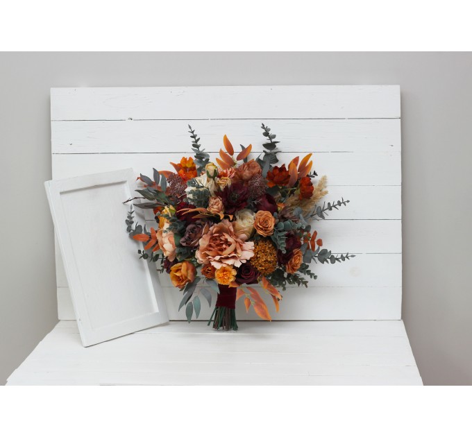 Wedding bouquets in burgundy burnt orange rust peach color theme. Bridal bouquet. Faux bouquet. Bridesmaid bouquet.Cascading bouquet. 0502