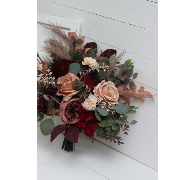 Bouquets in burgundy dusty rose peach color theme. Bridal bouquet. Faux bouquet. Bridesmaid bouquet. 0501