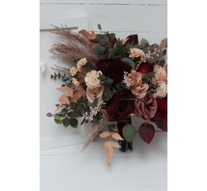 Bouquets in burgundy dusty rose peach color theme. Bridal bouquet. Faux bouquet. Bridesmaid bouquet. 0501