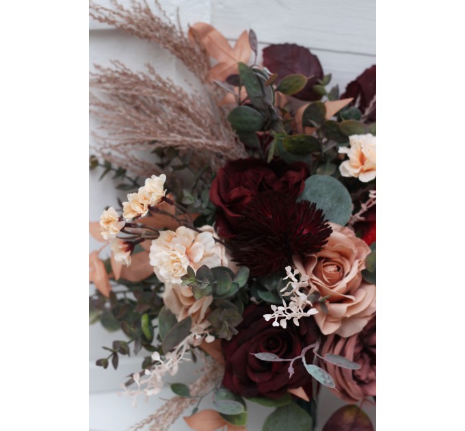 Bouquets in burgundy dusty rose peach color theme. Bridal bouquet. Faux bouquet. Bridesmaid bouquet. 0501