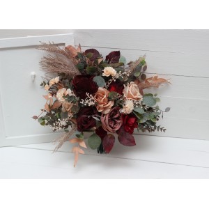Bouquets in burgundy red dusty rose peach color theme. Bridal bouquet. Faux bouquet. Bridesmaid bouquet. 0501