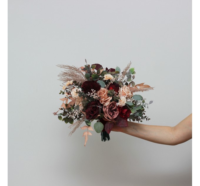 Bouquets in burgundy dusty rose peach color theme. Bridal bouquet. Faux bouquet. Bridesmaid bouquet. 0501