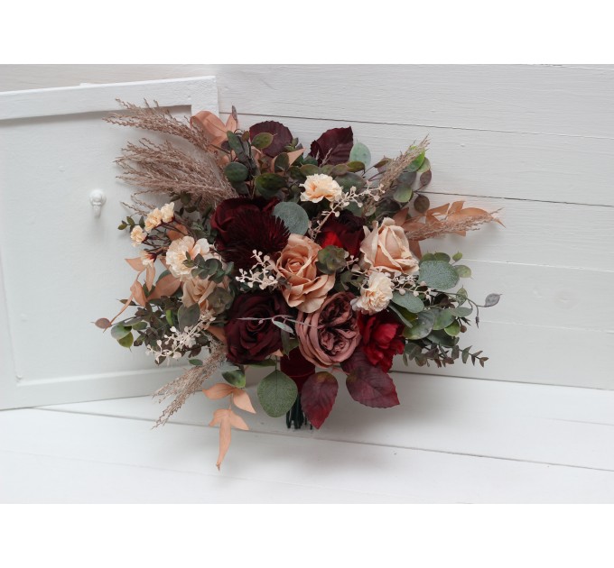 Bouquets in burgundy dusty rose peach color theme. Bridal bouquet. Faux bouquet. Bridesmaid bouquet. 0501