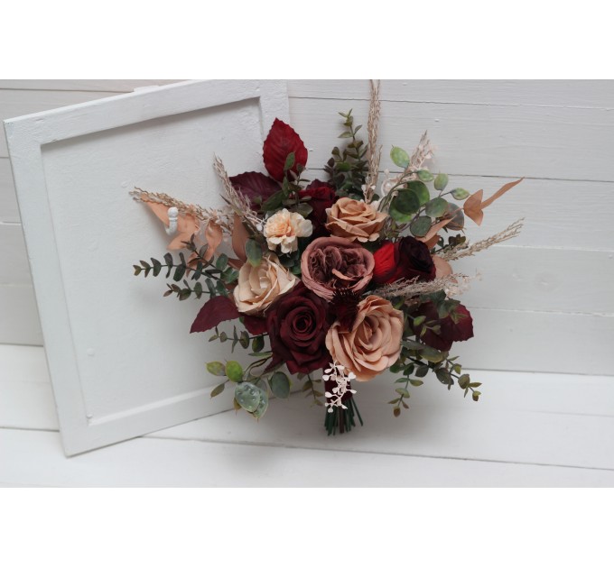 Bouquets in burgundy dusty rose peach color theme. Bridal bouquet. Faux bouquet. Bridesmaid bouquet. 0501