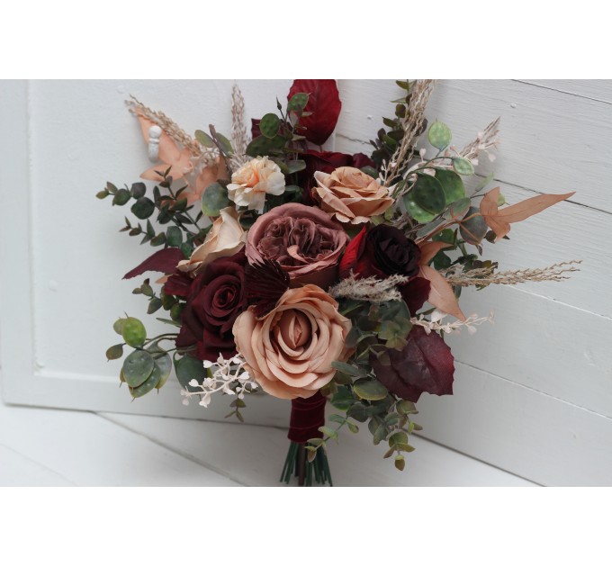 Bouquets in burgundy dusty rose peach color theme. Bridal bouquet. Faux bouquet. Bridesmaid bouquet. 0501