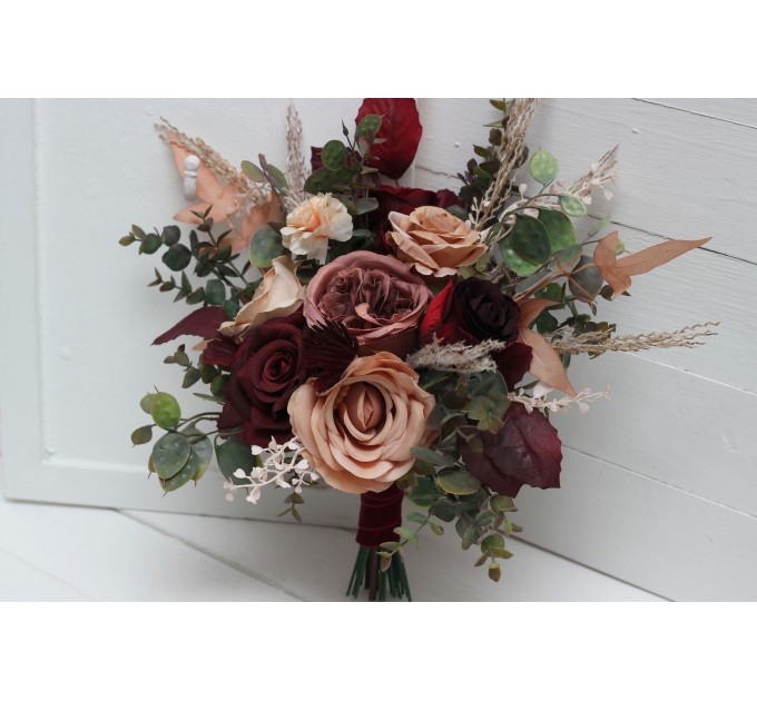 Bouquets in burgundy dusty rose peach color theme. Bridal bouquet. Faux bouquet. Bridesmaid bouquet. 0501