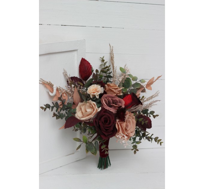 Bouquets in burgundy dusty rose peach color theme. Bridal bouquet. Faux bouquet. Bridesmaid bouquet. 0501