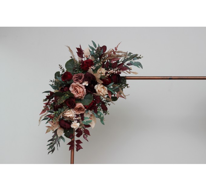 Burgundy Red & Dusty Rose Wedding Arch Flowers | Fall Wedding Pergola Arrangement