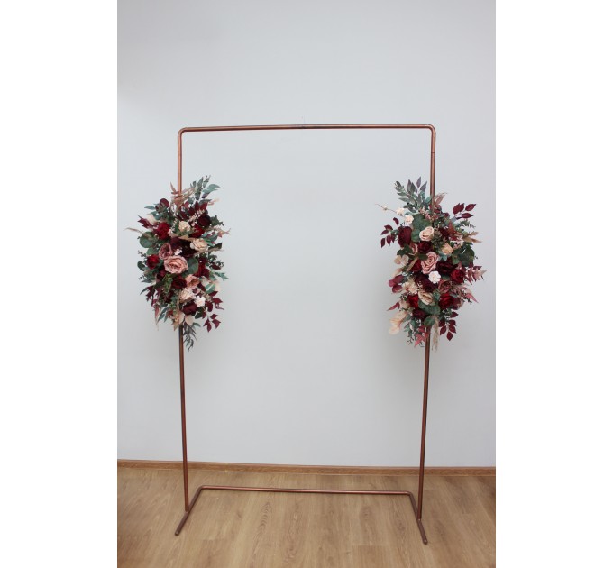 Burgundy dusty rose peach arch arrangement. Flower arrangement for wedding arch. Archway flowers for fall wedding. Pergola flowers. Wedding flowers. 0501