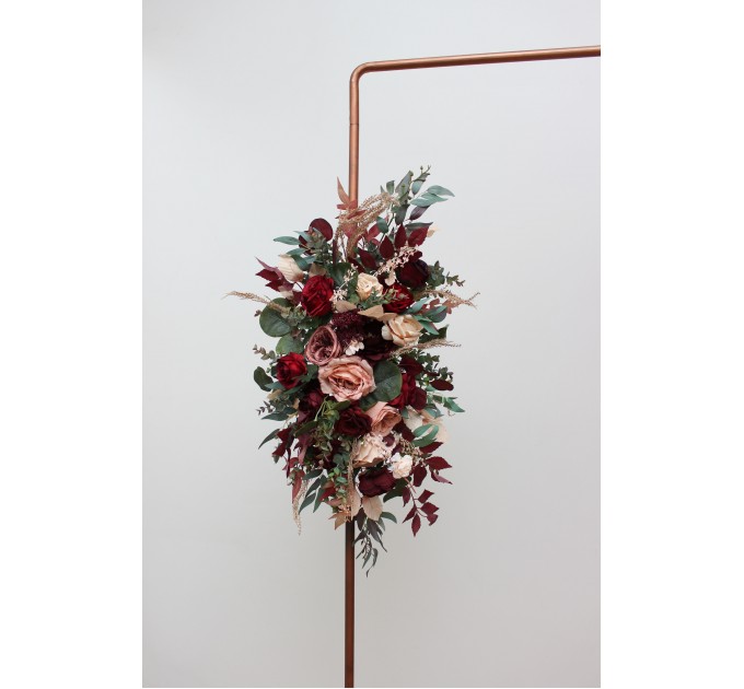 Burgundy Red & Dusty Rose Wedding Arch Flowers | Fall Wedding Pergola Arrangement