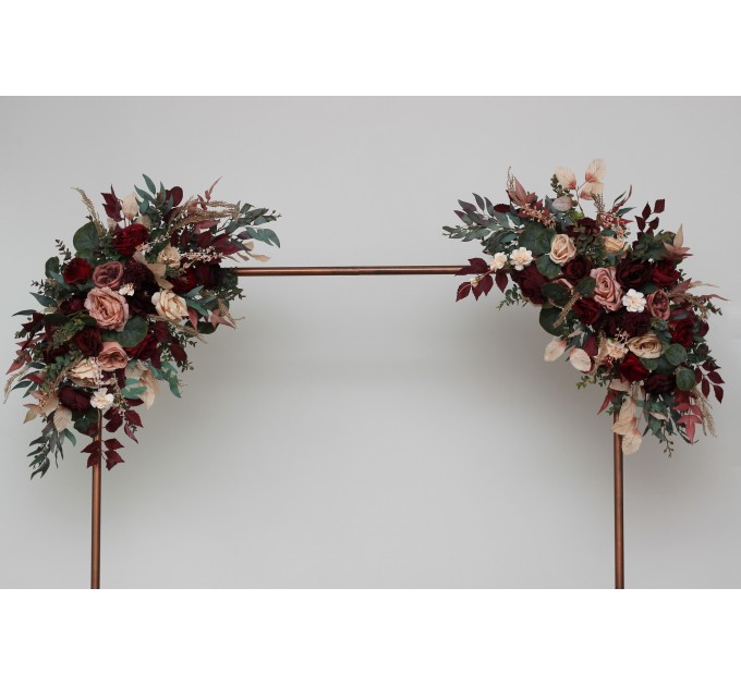 Burgundy dusty rose peach arch arrangement. Flower arrangement for wedding arch. Archway flowers for fall wedding. Pergola flowers. Wedding flowers. 0501