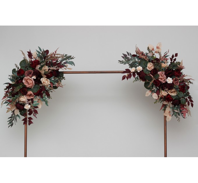 Burgundy Red & Dusty Rose Wedding Arch Flowers | Fall Wedding Pergola Arrangement
