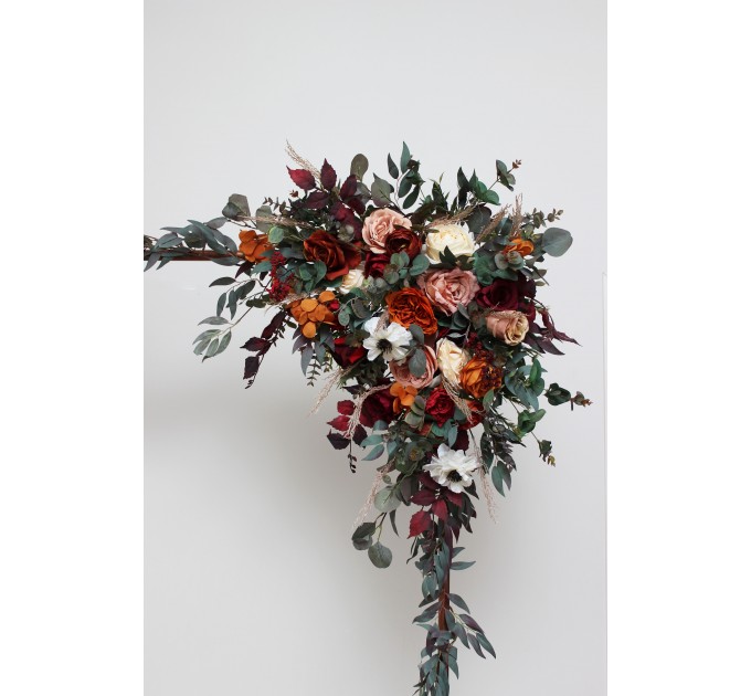 Burgundy rust ivory cinnamon arch arrangement. Flower arrangement for wedding arch. Archway flowers for fall wedding. Pergola flowers. Wedding arbor flowers. 0039