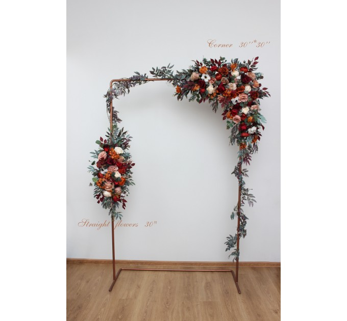 Burgundy rust ivory cinnamon arch arrangement. Flower arrangement for wedding arch. Archway flowers for fall wedding. Pergola flowers. Wedding arbor flowers. 0039