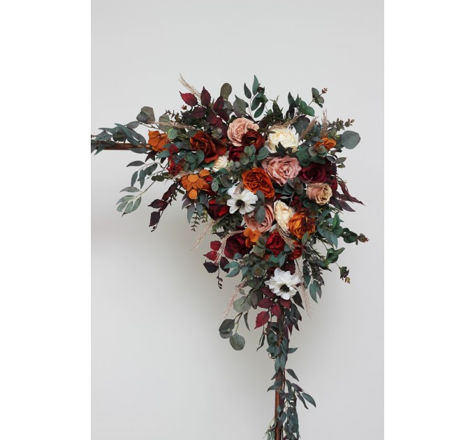 Burgundy rust ivory cinnamon arch arrangement. Flower arrangement for wedding arch. Archway flowers for fall wedding. Pergola flowers. Wedding arbor flowers. 0039
