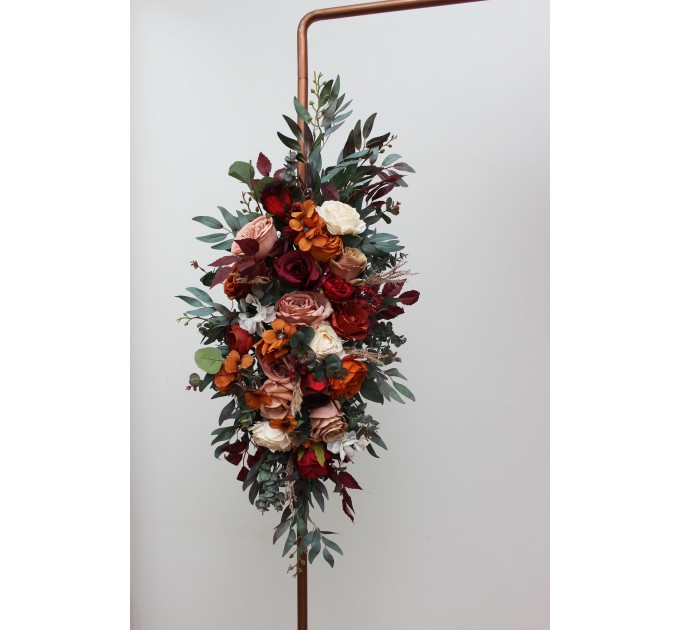 Burgundy rust ivory cinnamon arch arrangement. Flower arrangement for wedding arch. Archway flowers for fall wedding. Pergola flowers. Wedding arbor flowers. 0039