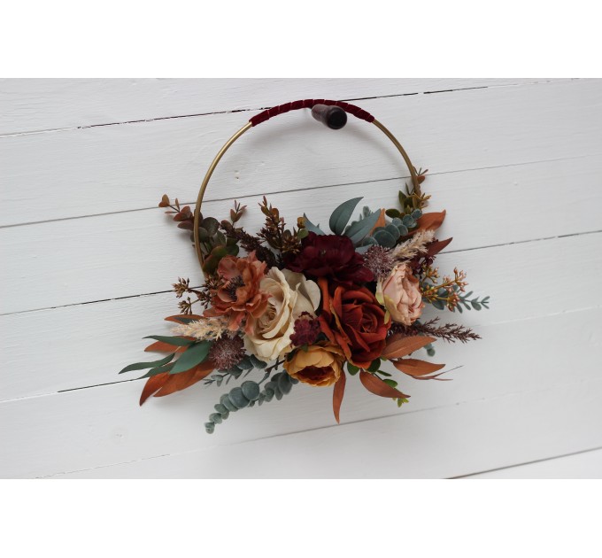 Flower hoop in burgundy burnt orange rust peach colors. Alternative bridesmaid bouquet. 0502