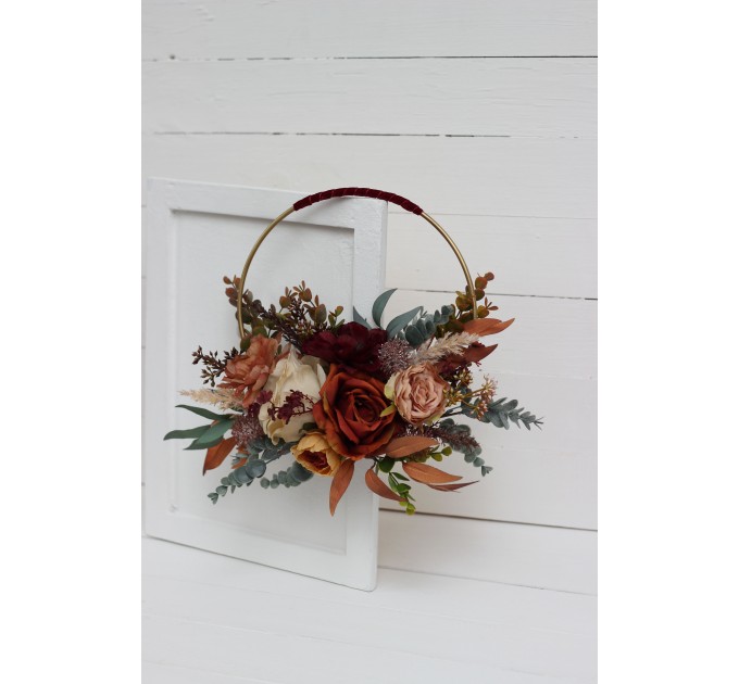Flower hoop in burgundy burnt orange rust peach colors. Alternative bridesmaid bouquet. 0502