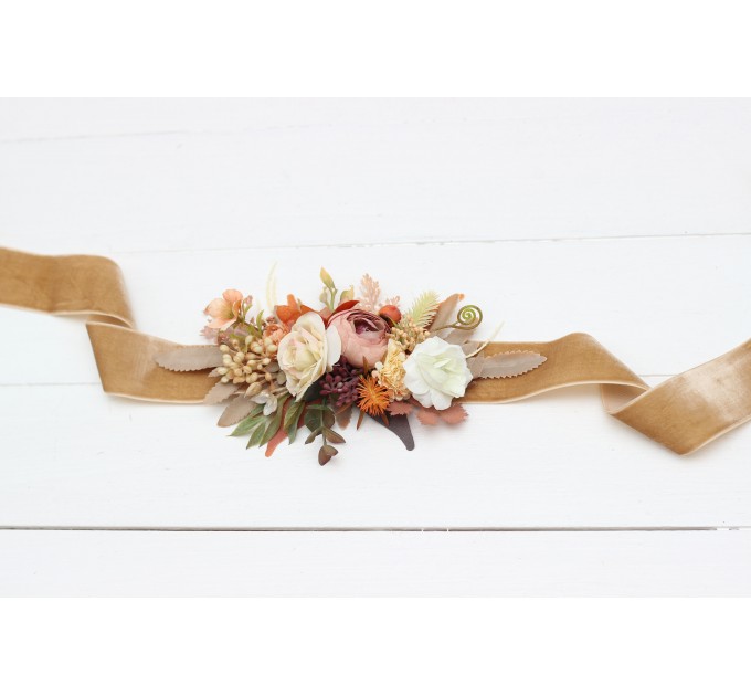 Orange ivory rust terracotta flower belt for fall wedding Floral sash Bridal belt Flower girl belt. 0029