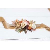 Orange ivory rust terracotta flower belt for fall wedding Floral sash Bridal belt Flower girl belt. 0029