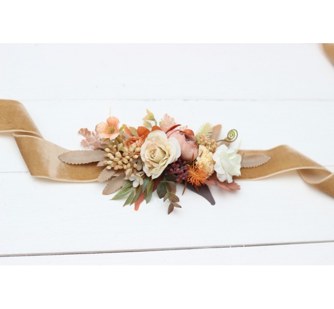 Orange ivory rust terracotta flower belt for fall wedding Floral sash Bridal belt Flower girl belt. 0029