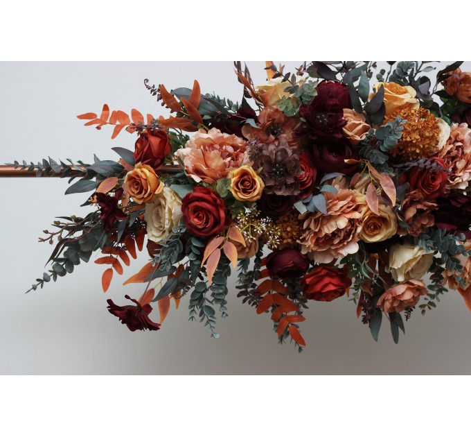 Flower arch arrangement in burgundy burnt orange rust peach colors. Arbor flowers. Floral archway. Faux flowers for wedding. 0502