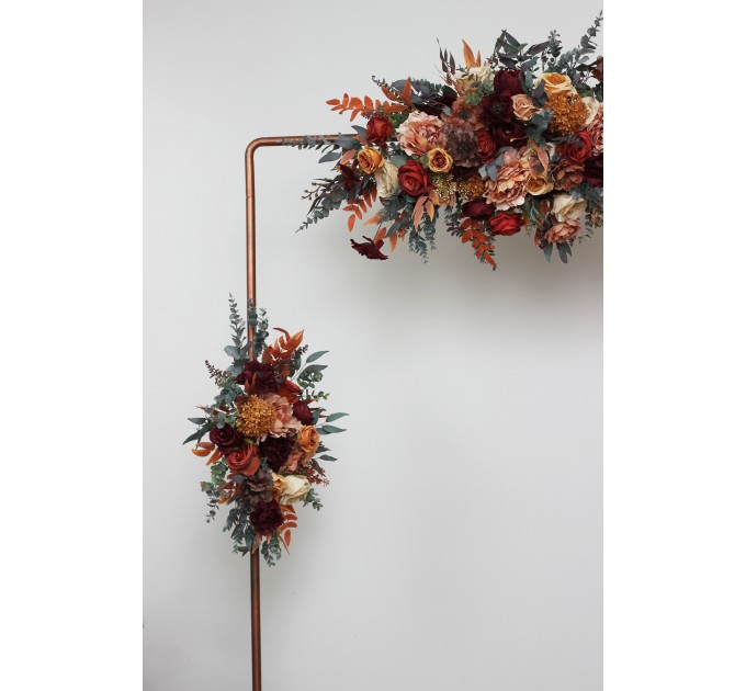 Flower arch arrangement in burgundy burnt orange rust peach colors. Arbor flowers. Floral archway. Faux flowers for wedding. 0502